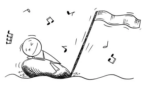 Person Sleeping on Musical Note Floating on Waves, Vector Cartoon Stick Figure Illustrazione stock