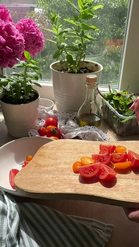 Person slicing fresh cherry tomatoes for a healthy summer salad Stock Footage 336676948