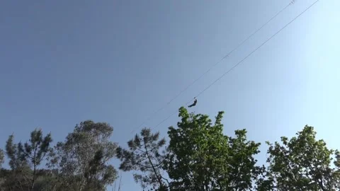 Person Sliding Down Zip Line on Sunny Day, Viewed from Below - 48 Video stock 308401572