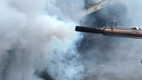 A person with a smoke-producing machine used to exterminate mosquitoes Stock Footage 282879361