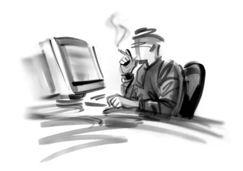 Person smoking and using computer Stock Illustration