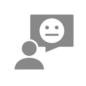 Person with speech bubble and neutral face gray icon. Review, feedback, comment Stock Illustration