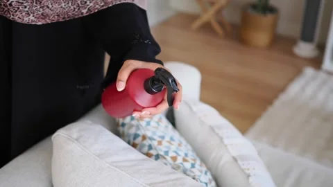Person Spraying Cleaning Solution on a Sofa Cushion Stock Footage 340494043