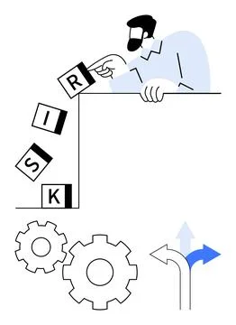 Person stacking letter blocks to form the word Risk, with directional sign .. Stock Illustration