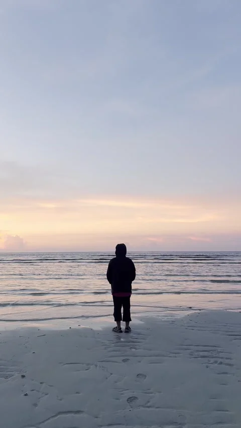 Person Standing on Beach at Sunset Stock Footage 340381079