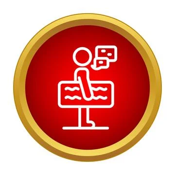 Person standing behind lectern presenting information with speech bubbles Stock Illustration