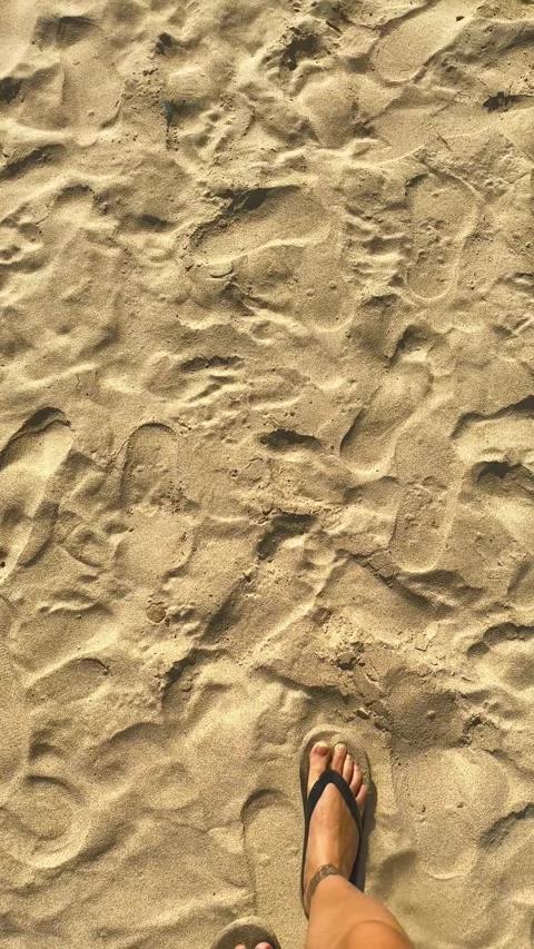 Person standing in flip flops on a sandy beach, surrounded by numerous Stock Footage 329470662