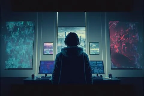 A Person Standing In Front Of A Computer Desk With Multiple Monitors On It And A 스톡 일러스트