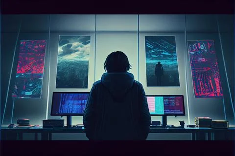 A Person Standing In Front Of A Computer Desk With Multiple Monitors On It And A イラスト素材