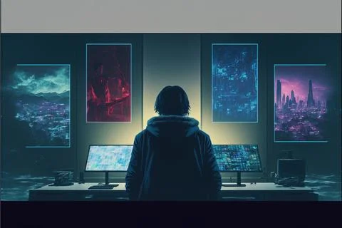 A Person Standing In Front Of A Computer Desk With A Monitor And Keyboard On It 스톡 일러스트