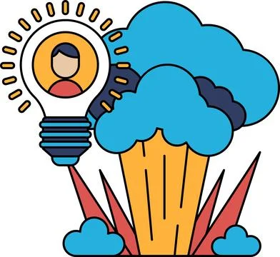 A person is standing in front of a light bulb, which is surrounded by clouds Illustrazione stock