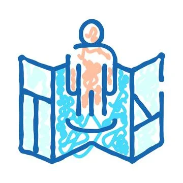 Person standing in front of unfolding map icon Stock Illustration