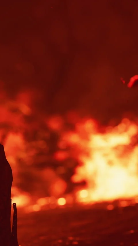A person stands beside a large fire at night during a gathering Stock Footage 346757139
