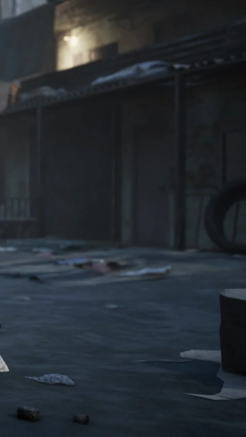 Person stands in empty street with scattered trash and buildings in background Stock Footage 339035746
