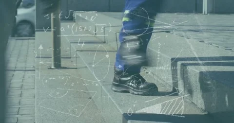 Person stepping onto lowest step initiating white math overlay staying ascending Stock Footage 332275459
