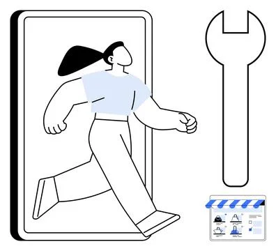 Person stepping out of tablet with large wrench nearby and small storefront i Stock Illustration