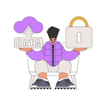 Person storing data in the cloud with a lock. Stock Illustration