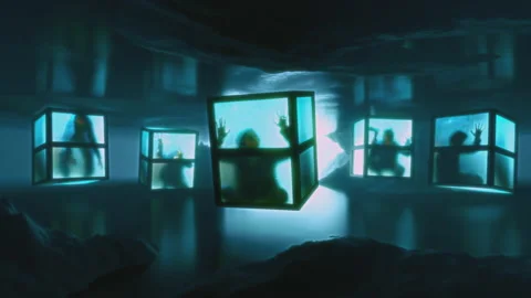 Person stranded in semi transparent boxes. Madness, schizophrenia, psychosis. Stock Footage 165673966