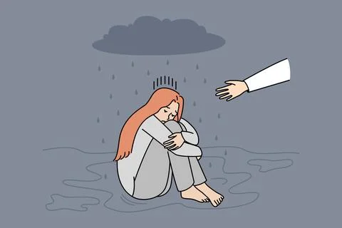 Person stretch hand help depressed woman Stock Illustration