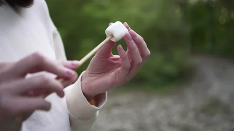The person strings marshmallows on a stick. Fun in the camp Stock Footage 164901637