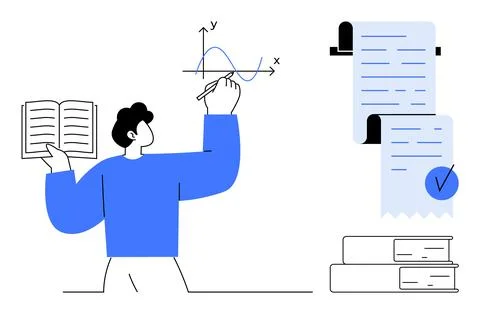 A person studies a math graph using a book with documents and receipts nearby Stock Illustration