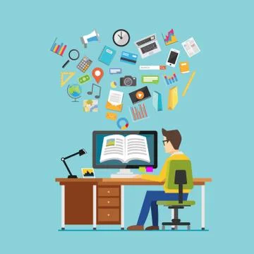 Person studying on computer. E learning concept. Digital college supplies con Stock Illustration