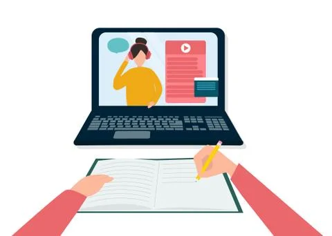 Person studying online to video tutorial on laptop, writing down notes into イラスト素材