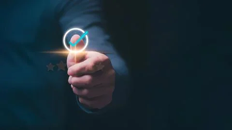 Person in suit pressing virtual button with hologram Stock Photos