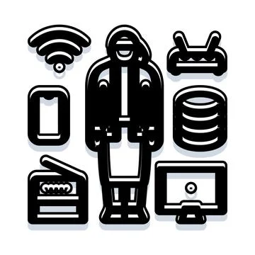 Person surrounded by interconnected digital technology icons Stock Illustration