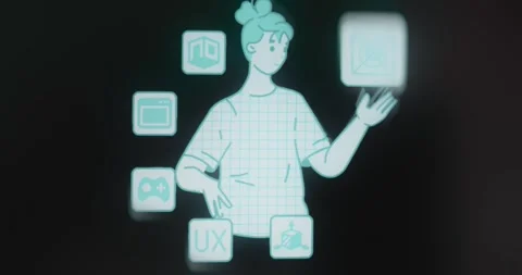 Person surrounded by various digital icons Video stock 313492514