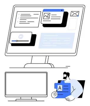 Person with a tablet working on large digital screen displaying various Stock Illustration