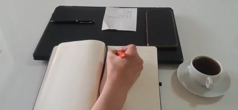 Person taking notes and setting goals in a notebook at an office desk 動画素材 333814070