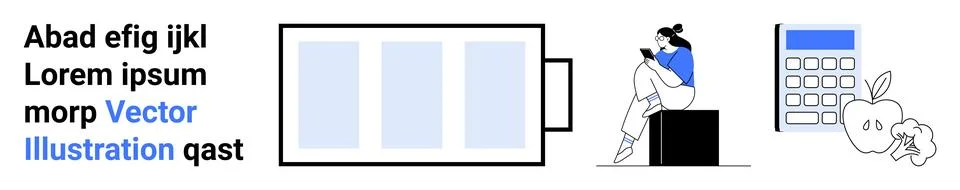Person Taking Notes Beside Battery Charge Icon and Calculator with Apple Illustrazione stock