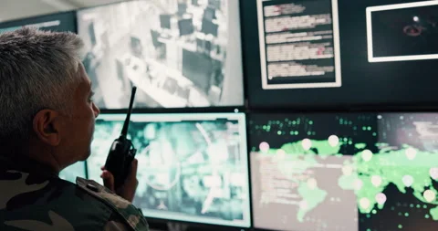 Person, talk and radio with computer screen for security video, military air Stock Footage 303556515