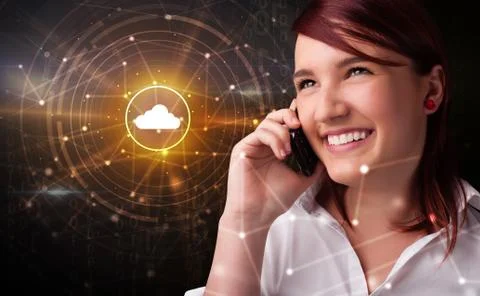 Person talking on the phone with cloud technology concept Stock Photos