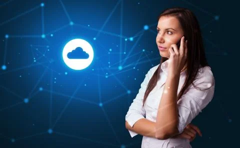 Person talking on the phone with cloud technology concept Stock Photos