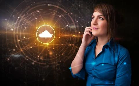 Person talking on the phone with cloud technology concept Stock Photos