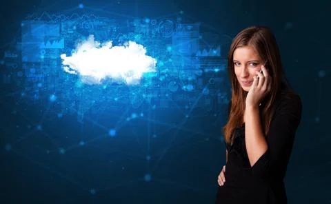 Person talking on the phone with cloud technology concept Stock Photos
