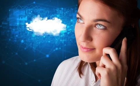 Person talking on the phone with cloud technology concept Stock Photos