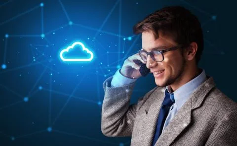 Person talking on the phone with cloud technology concept Stock Photos