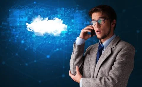 Person talking on the phone with cloud technology concept Stock Photos