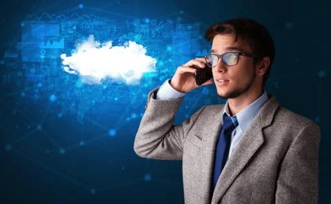 Person talking on the phone with cloud technology concept Stock Photos