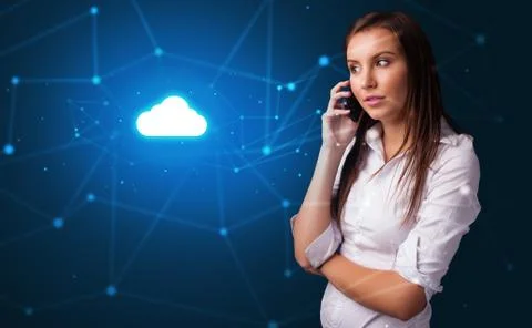 Person talking on the phone with cloud technology concept Stock Photos
