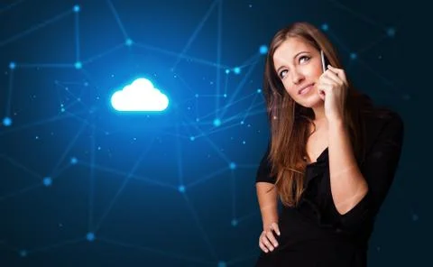 Person talking on the phone with cloud technology concept Stock Photos