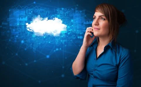 Person talking on the phone with cloud technology concept Stock Photos