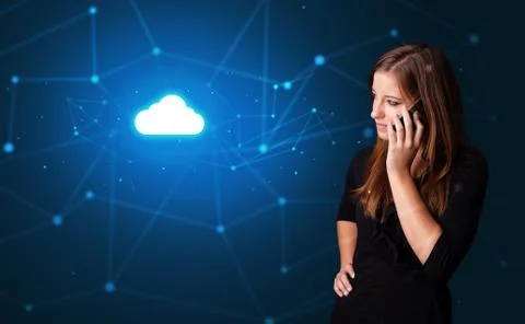 Person talking on the phone with cloud technology concept Stock Photos