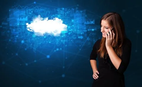 Person talking on the phone with cloud technology concept Stock Photos