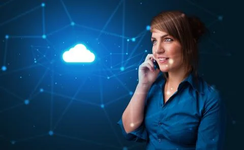 Person talking on the phone with cloud technology concept Stock Photos