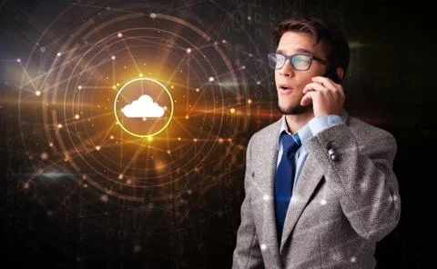 Person talking on the phone with cloud technology concept Stock Photos