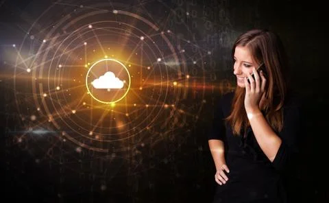 Person talking on the phone with cloud technology concept Stock Photos